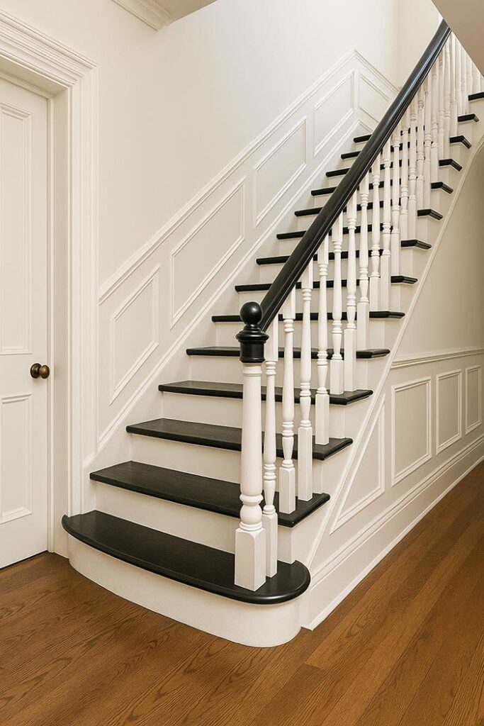 White and black English style hallway stairs