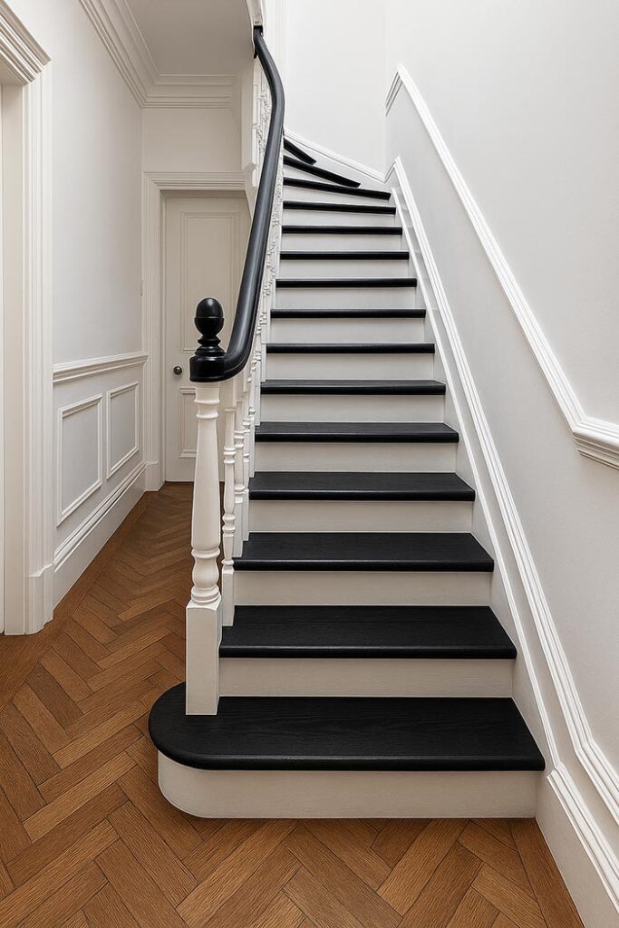 White and black hallway stairs